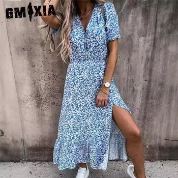 GMXIA Лето Весна Женское Платье V-образный вырез Сексуальное Платье с Принтом Длинная Юбка S белый