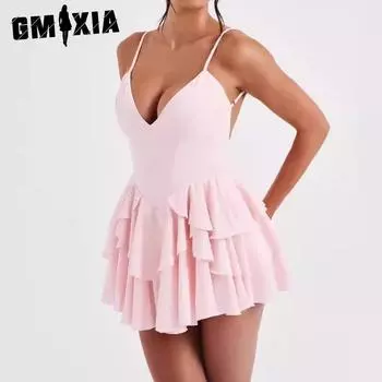 GMXIA Лето Весна Женское Сексуальное Глубокий V Холтер Оборками Холтер Платье Женское S розовый
