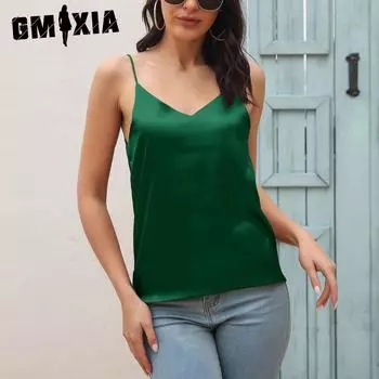 GMXIA Лето-весна Однотонный принт из атласа с имитацией шелка с V-образным вырезом Маленький жилет-халтер для женщин Ношение топа-халтер для женщин S белый