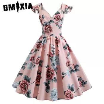 GMXIA Лето-весна с цветочным принтом и коротким рукавом с V-образным вырезом и винтажным талией S белый