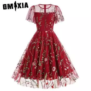 GMXIA Платье с цветочным принтом, лето-весна, круглый вырез, короткий рукав, средняя талия, тяжелая вышивка S абрикосовый