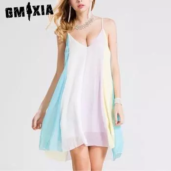 GMXIA Лето-весна шифоновое платье на бретелях цвета радуги, пляжное платье S