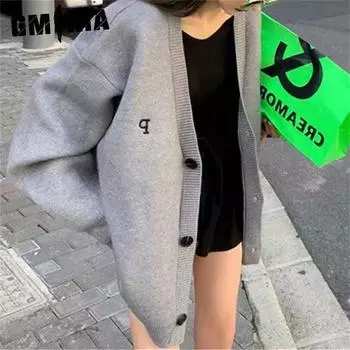 GMXIA Letters British Style Knitted Cardigan Women s Fall Loose Sweater Coat Trend One size хаки