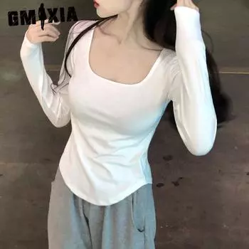 GMXIA Long Sleeve T-shirt Women Spring and Autumn Small White Retro Base Shirt Fitted with A Foreign Square Collar on The Clothes M белый
