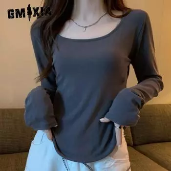 GMXIA Футболка с длинными рукавами женская осенне-зимняя нестандартная тонкая повседневная короткая топы для девочек нижняя рубашка M чёрный