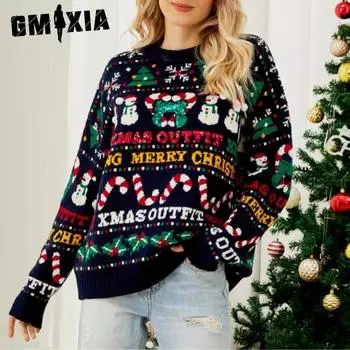 GMXIA свободная вязка осень-зима рождественская елка круглый вырез свитер снеговик пайетки рождественский свитер S