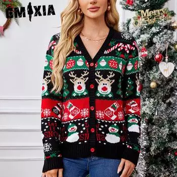 GMXIA Свободный вязаный кардиган осень-зима свитер пальто женский повседневный рождественский свитер с длинными рукавами S чёрный