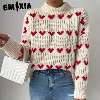 GMXIA Loose Love Jacquard Spring and Autumn Pullover Sweater Knitwear Women