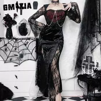 GMXIA Лоскутное платье в темном стиле, сексуальное, облегающее, с запахом, разрезом на бедрах, кружевными рукавами, юбкой S чёрный