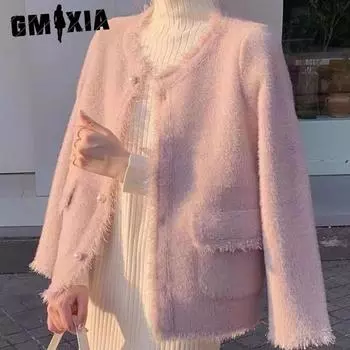 GMXIA Маленький ароматный кардиган из кашемира с имитацией норки, осенний женский свободный винтажный свитер с V-образным вырезом и бахромой One size