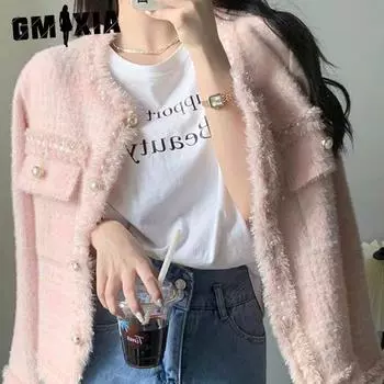 GMXIA Маленький ароматный жемчужный кардиган с пуговицами, короткое пальто, женственный свитер, тренд One size