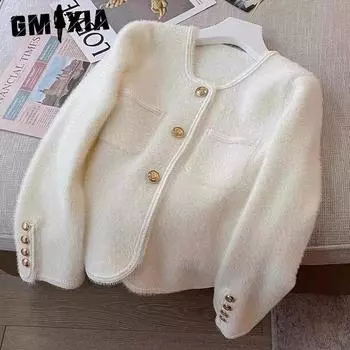 GMXIA Маленький ароматный золотой пуговицы белый норковый кашемировый вязаный кардиган женский весенний мягкий свитер пальто зимнее пальто One size белый