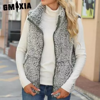 GMXIA Мерцающий повседневный осенний женский жилет из флиса с круглым вырезом и длинным рукавом, на молнии, без глажки, с эффектом выцветания S армия зеленый