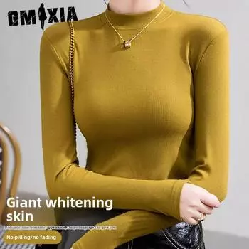 GMXIA Modal Base Shirt Women s Early Spring and Autumn Half High Neck with Long Sleeve T-shirt Small Stand Collar Muscle Bottom Top M шартрёз