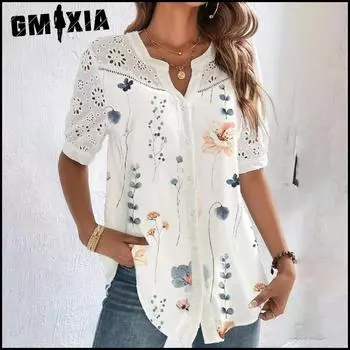 GMXIA Модная блузка с короткими рукавами и лацканами для женщин S