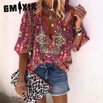 GMXIA Модная летняя женская рубашка с воротником-стойкой и принтом в стиле ретро S