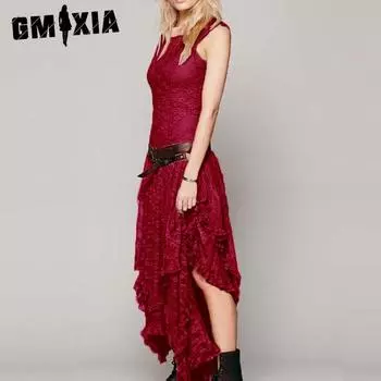 GMXIA Модная женская асимметричная высокая и низкая кружевная юбка сексуальное длинное платье S белый