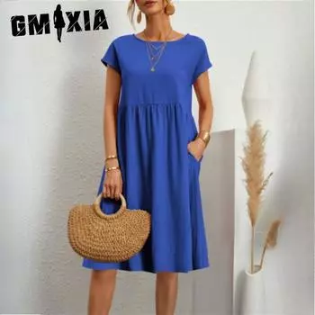GMXIA Модное летнее темпераментное женское хлопковое и льняное платье А-силуэта с круглым вырезом, свободные платья больших размеров S белый