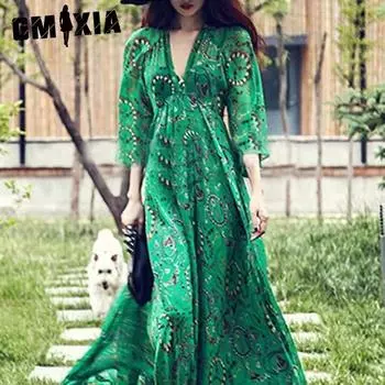 GMXIA Модное платье с V-образным вырезом, макси-платье - женское принтованное макси-платье S зелёный