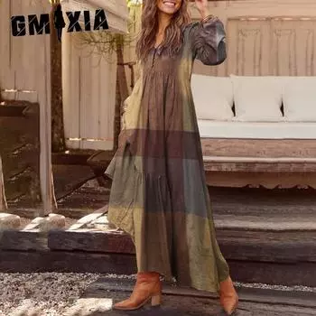 GMXIA Модное платье свободного кроя с V-образным вырезом и винтажным этническим принтом с длинными рукавами S хаки
