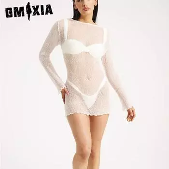 GMXIA Модное сексуальное пляжное платье женское прозрачное рюкзачное платье с юбкой на бедрах короткое трикотажное платье женское S белый