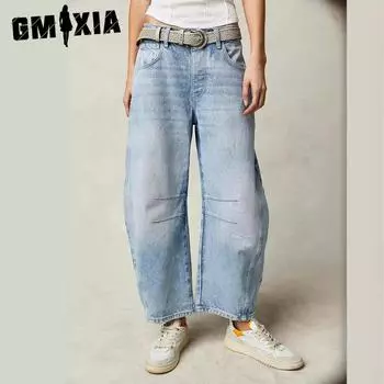 GMXIA Модные повседневные женские мешковатые брюки широкого кроя со средней посадкой из выбеленного денима S белый