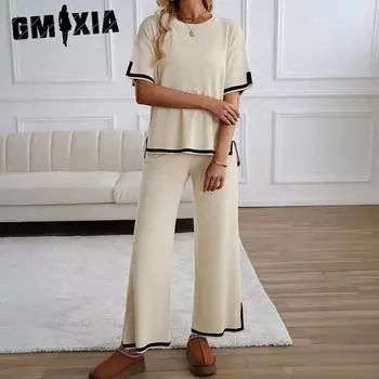 GMXIA Модные женские осенне-зимние повседневные трикотажные брюки с коротким рукавом и круглым вырезом, женские костюмы и комплекты S чёрный