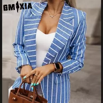 GMXIA Модный полосатый принт с длинным рукавом и маленьким воротником пальто для женщин S