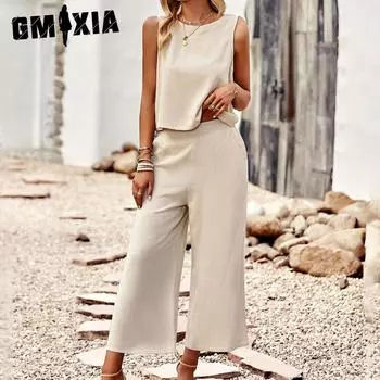 GMXIA Модный женский летний темпераментный топ без рукавов брюки девять четвертей комплект из двух предметов S чёрный