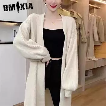 GMXIA Мягкий восковой однотонный вязаный кардиган женский осенний свободный ленивый ветер длинный свитер пальто One size хаки