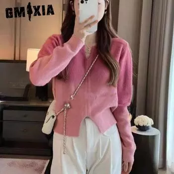 GMXIA Мягкий восковой свитер с постепенным переходом цвета, женский свитер на осень и зиму, нишевый дизайн, свитера из трикотажа в иностранном стиле One Size розовый