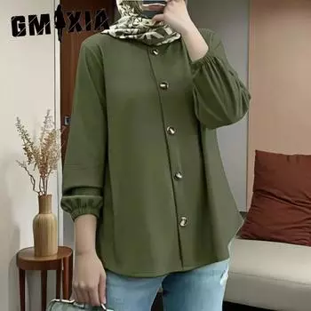 GMXIA Мусульманский круглый вырез с длинным рукавом манжеты эластичные пуговицы кардиган однотонный рубашка для женщин S бордовый