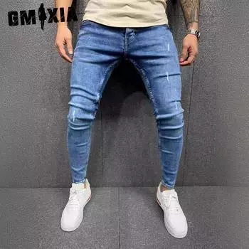 GMXIA Мужские рваные и потертые джинсы-стрейч с маленькой ногой S синий