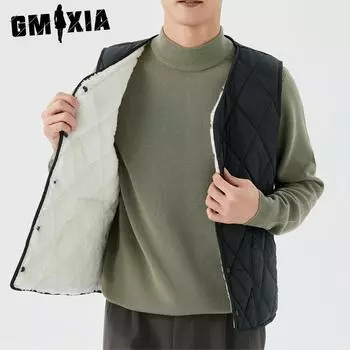 GMXIA Мужской флисовый теплый жилет осень-зима для молодежи и среднего возраста с внутренним карманом Мужской короткий жилет с ромбовидными пуговицами M