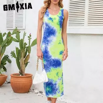 GMXIA Новое летнее платье, сексуальное платье без рукавов с принтом тай-дай, облегающее платье с круглым вырезом и бретельками S красный