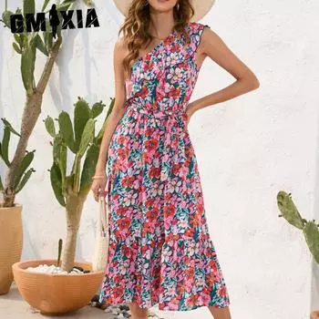 GMXIA Новое платье с косыми бретелями и цветочным принтом, элегантное свободное платье для отдыха и отпуска S синий