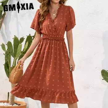 GMXIA Новое платье с v-образным вырезом и высокой талией, меховое платье с короткими рукавами, повседневное платье для отдыха и путешествий S зелёный