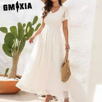 GMXIA Новое платье с v-образным вырезом на талии, жаккардовое платье средней длины с короткими рукавами, праздничное дорожное платье S красный