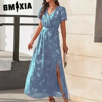 GMXIA Новое платье с V-образным вырезом и завязками с цветочным разрезом, длинное платье с короткими рукавами S зелёный