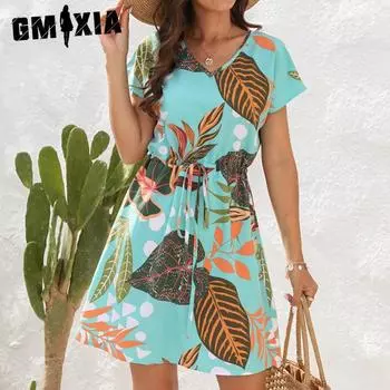 GMXIA Новое поступление, платье на шнуровке с цветочным принтом, праздничное повседневное свободное платье с v-образным вырезом и короткими рукавами S зелёный
