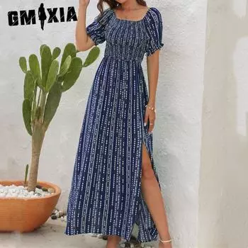 GMXIA Новое поступление, платье в вертикальную полоску с принтом и разрезом на талии, повседневное платье на одно плечо с короткими рукавами для отпуска S зелёный