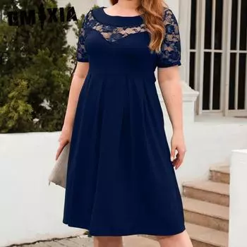 GMXIA Новое поступление, полое кружево, повседневное свободное платье для отдыха и работы, женское платье больших размеров XL синий