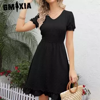 GMXIA Новое поступление женское жаккардовое тонкое пляжное повседневное модное платье с v-образным вырезом и талией S розовый