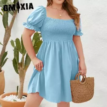 GMXIA Новое женское однотонное платье большого размера для отдыха и отпуска, дорожное платье с квадратным воротником и пышными рукавами XL синий