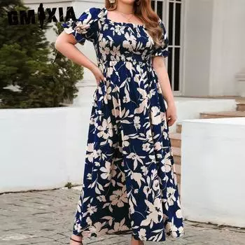 GMXIA Новое женское повседневное платье больших размеров с принтом, богемное французское элегантное платье миди XL синий