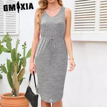 GMXIA Новое женское повседневное платье с v-образным вырезом без рукавов и боковыми разрезами на шнуровке с высокой талией S красный
