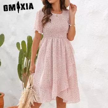GMXIA, новый стиль, тонкое шифоновое платье с принтом, с короткими рукавами, весенне-летнее туристическое платье для отдыха S розовый