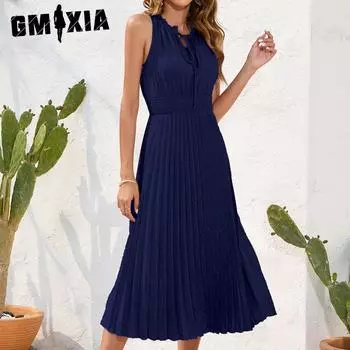 GMXIA, новый стиль, завязка, высокая талия, плиссированное бальное платье для волос, летнее платье без рукавов, повседневная юбка для отдыха, путешествий S синий