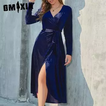 GMXIA новый стиль, женское осенне-зимнее бархатное платье средней длины с разрезом и бретельками больших размеров, золотого цвета S зелёный