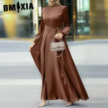 GMXIA О-образный вырез с длинным рукавом и ремешком на талии, утягивающее модное элегантное свободное платье S красный